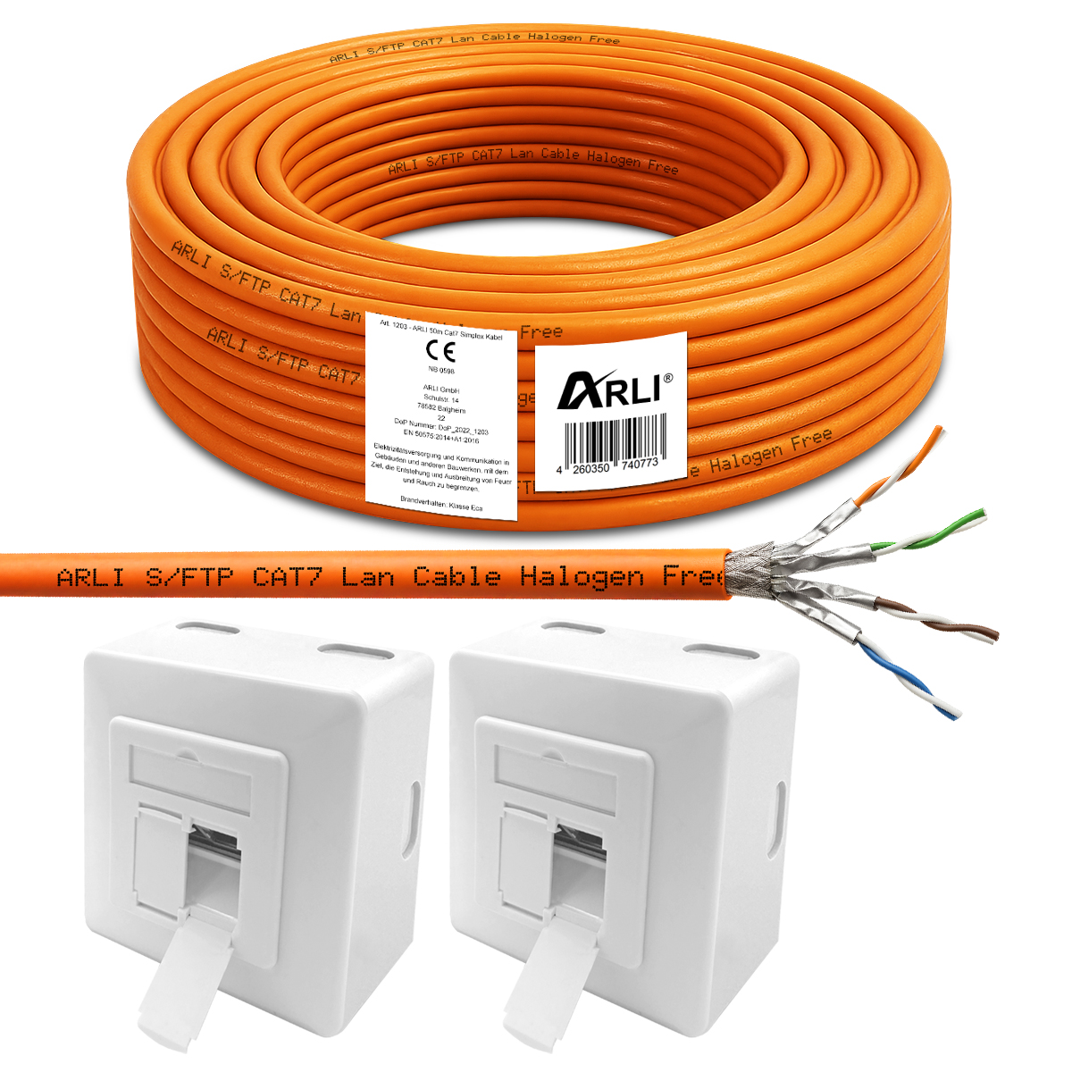 ARLI Cavo da installazione Cat7 50 m S/FTP PIMF senza alogeni cavo di rete + 2x presa di rete Cat6a