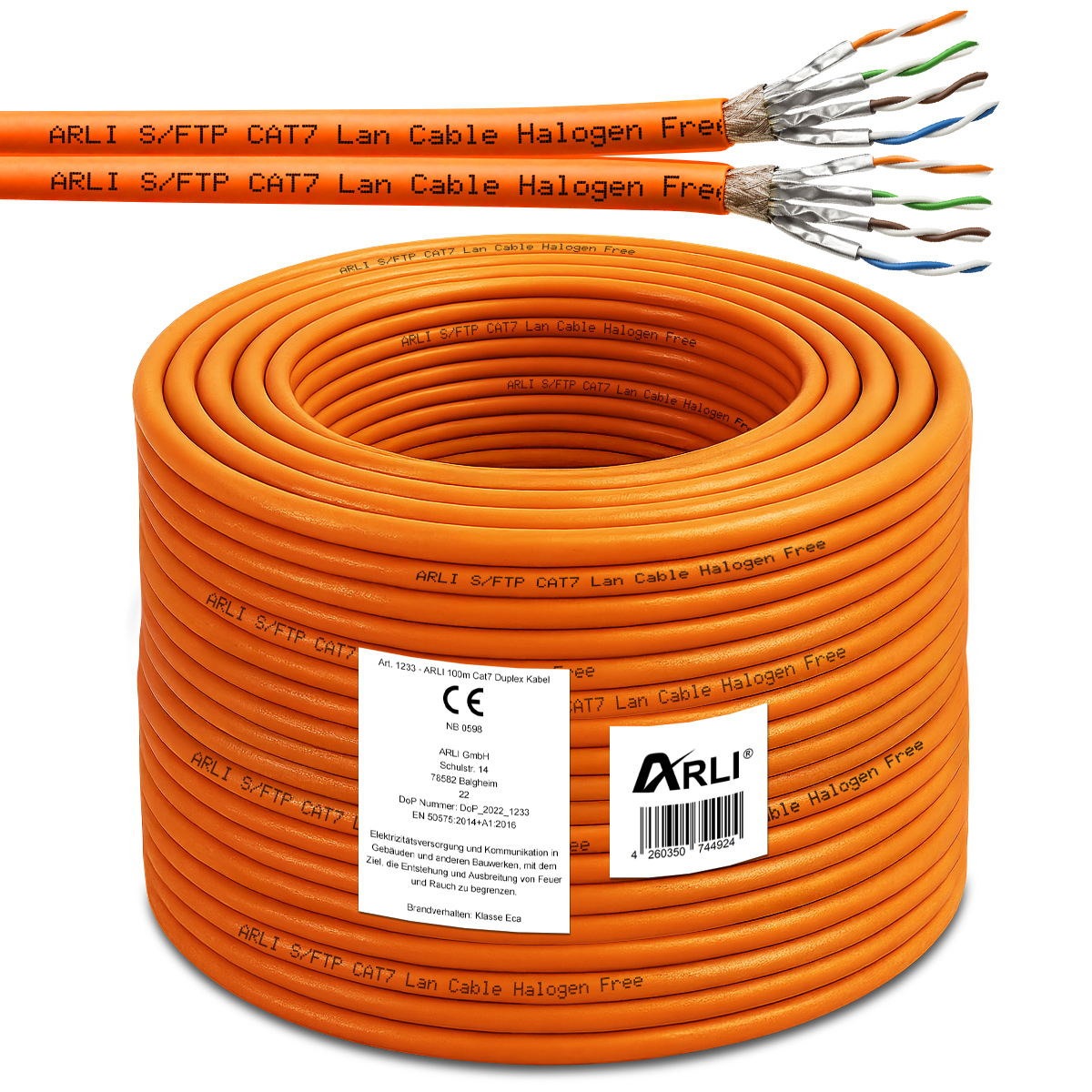ARLI 100m Cavo Duplex Cat7 S/FTP PIMF senza alogeni LSZH Twin per installazioni fisse arancione