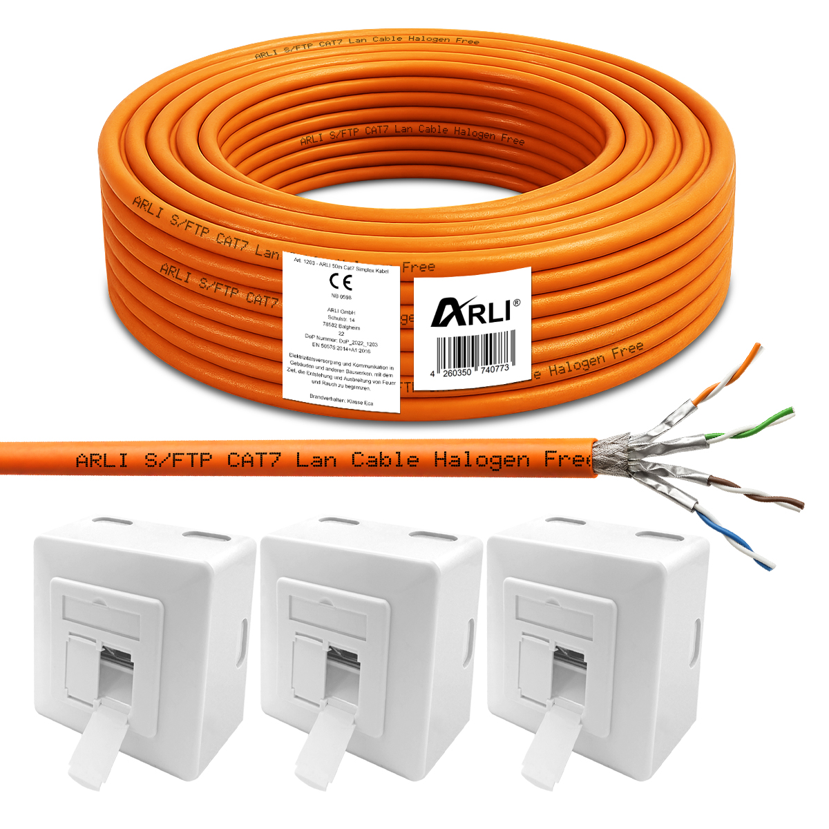 ARLI Cavo di installazione Cat7 50m S/FTP PIMF senza alogeni cavo di rete + 3x presa di rete Cat6a