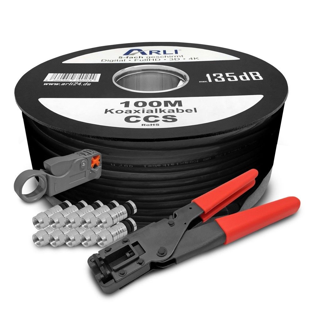 100m Koaxialkabel schwarz 135dB + Kompressionszange + Abisoliermesser + 100x Stecker Kabel 135dB satelliten kabel digitaltauglich konfektionierte TV-Kabel DVB-S DVB-C DVB-T 4-fach 5fach schirmung meterware verlegekabel Adapter doppel schüssel 130db 120db