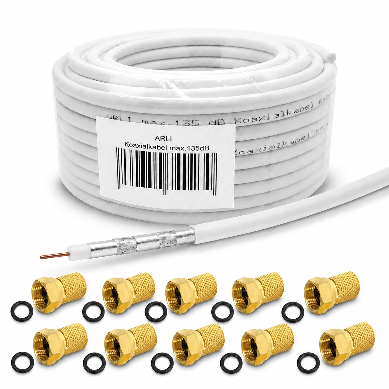 50m ARLI Koaxialkabel max. 135dB + 10x F-Stecker vergoldet Kabel 135dB satelliten kabel digitaltauglich konfektionierte TV-Kabel DVB-S DVB-C DVB-T 4-fach 5fach schirmung meterware verlegekabel Adapter doppel schüssel 130db 120db 110db Weiß Internetanschlu