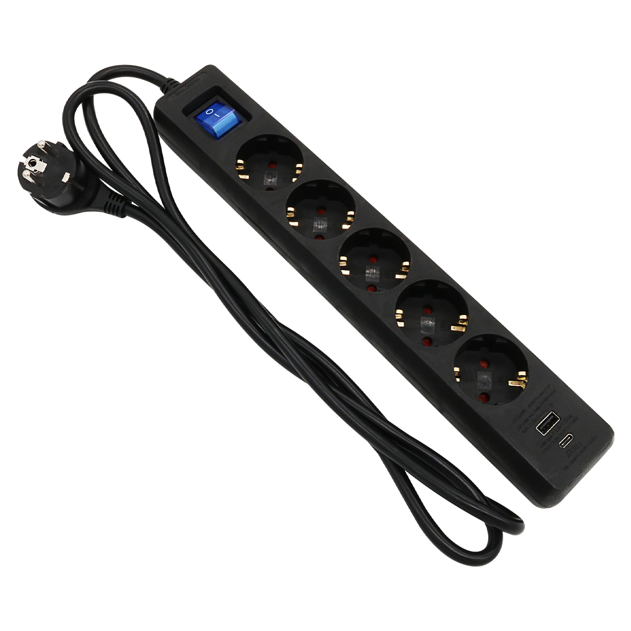Multipresa nera 5 m a 5 prese con USB-A + USB-C presa di ricarica interruttore con spina piatta angolata