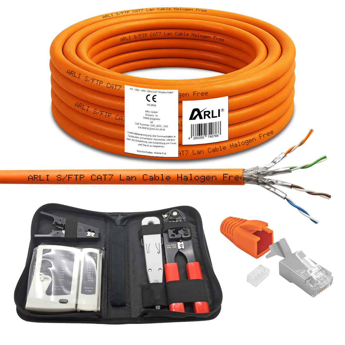 ARLI 25 m Cavo Cat7 + 20 Connettori RJ45 + Set di Strumenti di Rete con Pinza Crimpatrice LSA Tester Coltello Spelafili LSZH