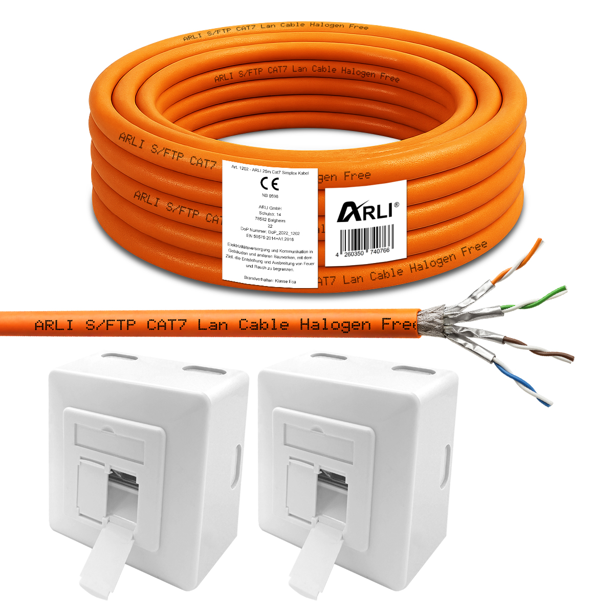 ARLI 25 m Cavo di Installazione Cat7 S/FTP LSZH + 2x Presa di Rete Cat6a – Set Cavo di Rete