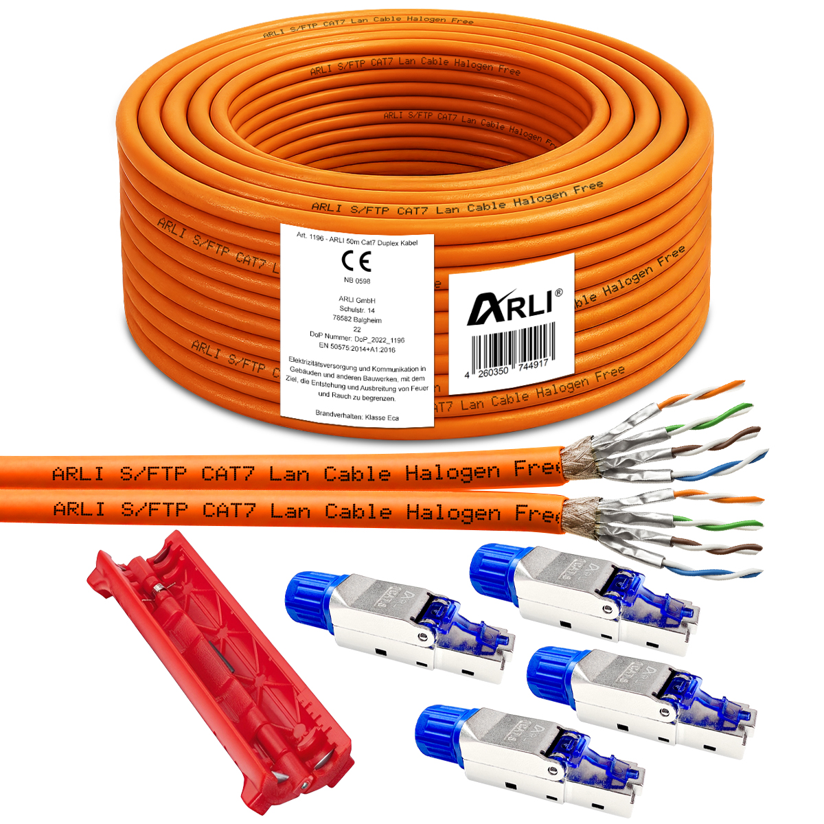 ARLI cavo da installazione Cat7 Duplex 50 m S/FTP LSZH PIMF + 4 connettori RJ45 Cat8.1 senza attrezzi + coltello spelacavi cavo di rete arancione