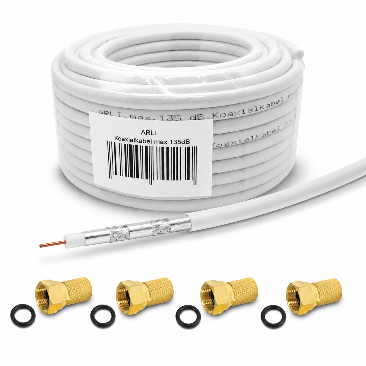 50m ARLI Koaxialkabel max. 135dB + 4x F-Stecker vergoldet Kabel 135dB satelliten kabel digitaltauglich konfektionierte TV-Kabel DVB-S DVB-C DVB-T 4-fach 5fach schirmung meterware verlegekabel Adapter doppel schüssel 130db 120db 110db Weiß Internetanschlus