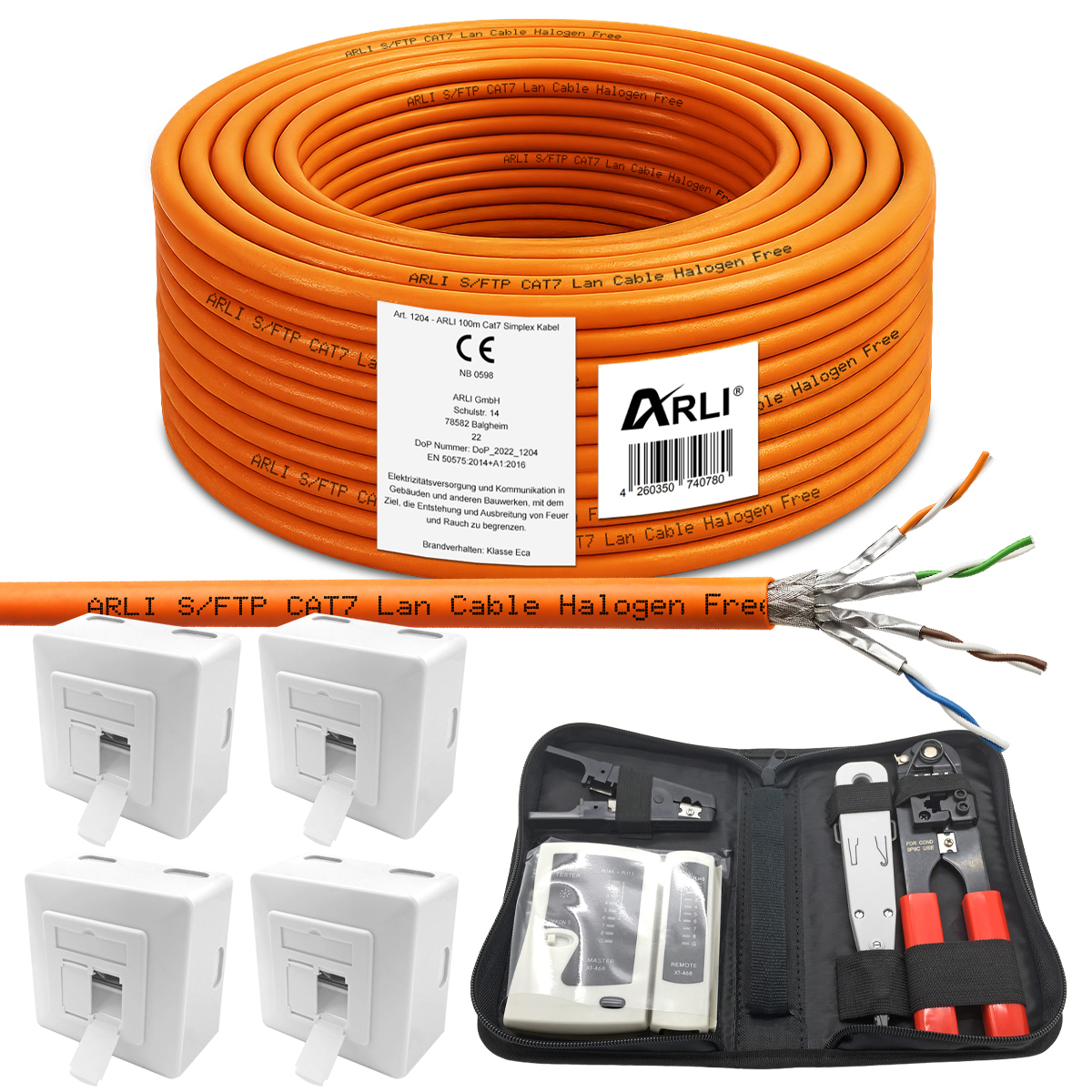 ARLI Cat7 100m Cavo da Installazione + 4x Presa di Rete + Set Utensili con Pinza crimpatrice LSA Tester di Rete Spellafili