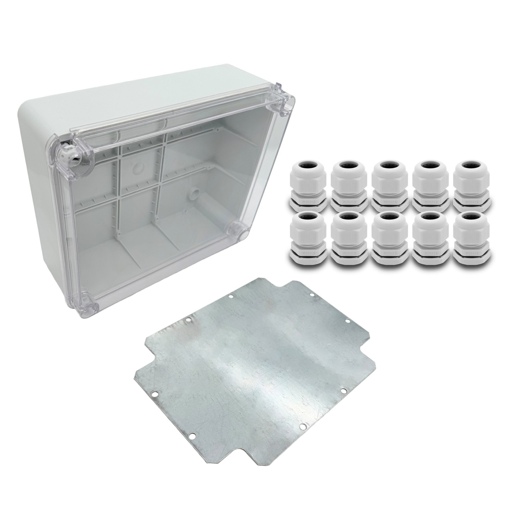 ARLI Scatola di derivazione IP67 con sportello trasparente da parete 250 x 200 x 90 mm inclusa piastra di montaggio + 10 pressacavi