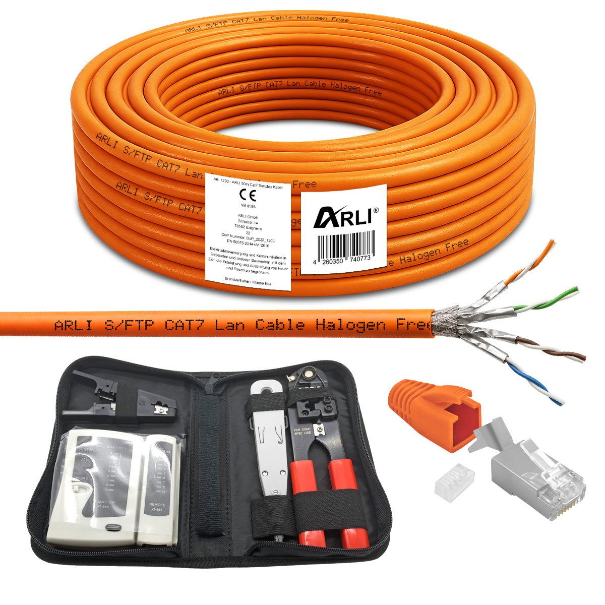 ARLI 50 m cavo di installazione Cat7 + 10 connettori RJ45 + set utensili di rete crimpatrice LSA tester di rete spelacavi LSZH