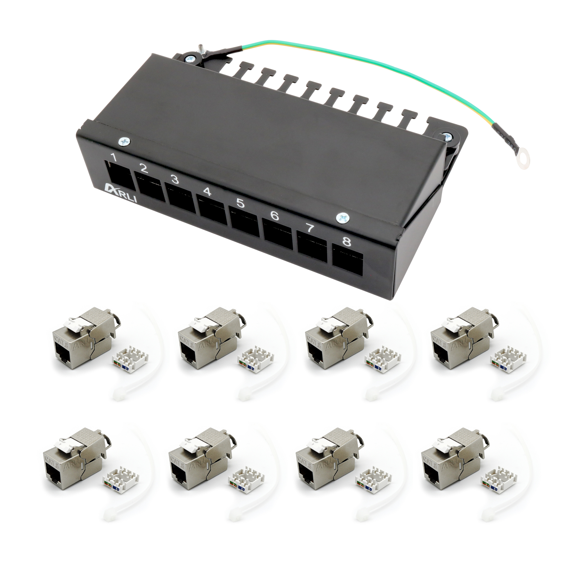 ARLI patch panel incl. 8× moduli Keystone Cat8.1 – alloggiamento patch a 8 porte nero