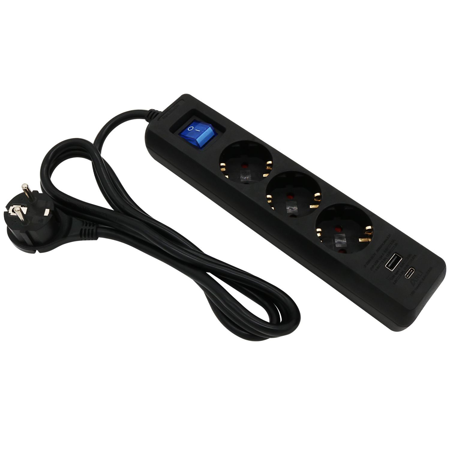 Multipresa ARLI 3 m nera 3 prese con USB-A + USB-C, interruttore e spina angolare piatta