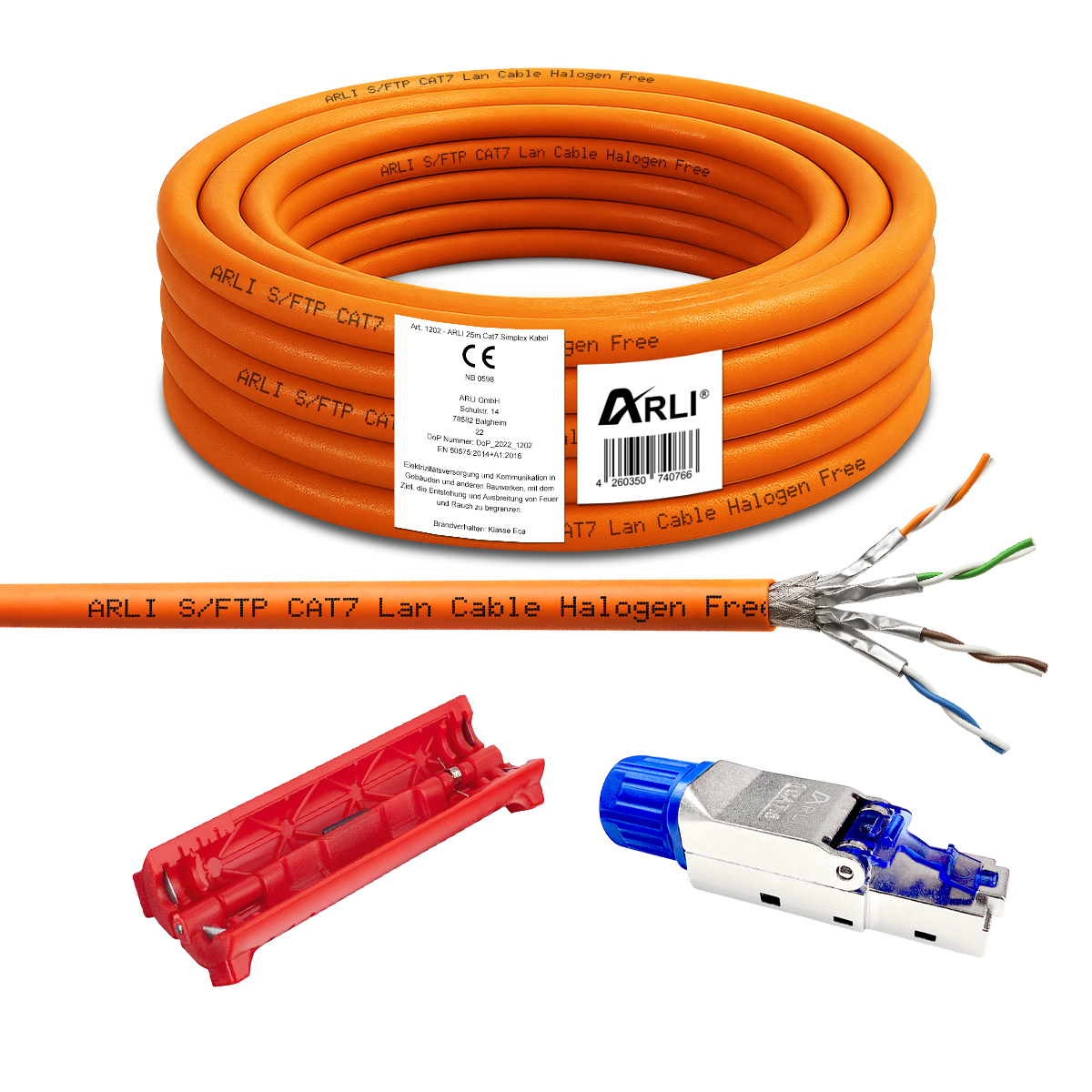 ARLI Cavo di Installazione Cat7 25 m S/FTP LSZH + 2x Connettori di rete RJ45 Cat8.1 tool-less + Coltello spelacavi Ethernet cavo di rete privo di alogeni