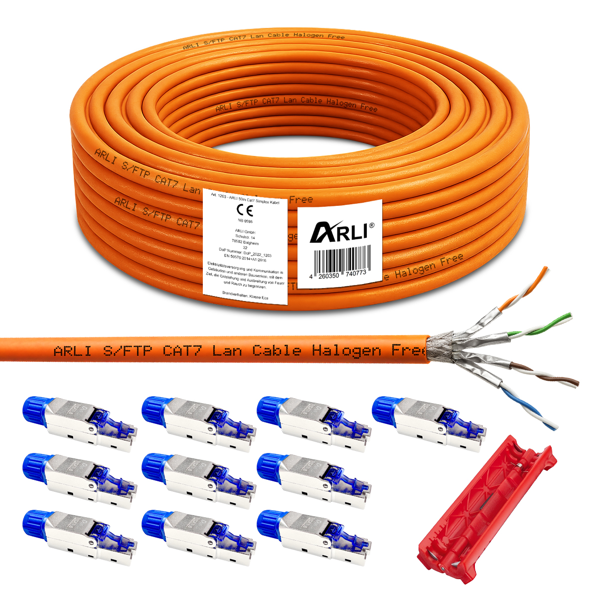 ARLI cavo da installazione Cat7 50 m S/FTP LSZH + 10 connettori RJ45 Cat8.1 senza attrezzi + coltello spelacavi Ethernet LAN
