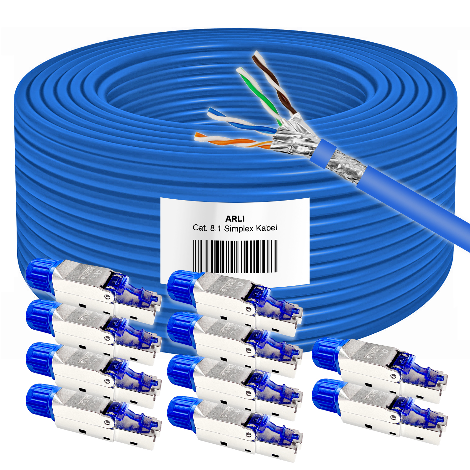 ARLI Cavo di posa Cat8.1 50m + 10x connettori RJ45 – montaggio senza attrezzi fino a 40 Gbit/s 2000 MHz LSZH