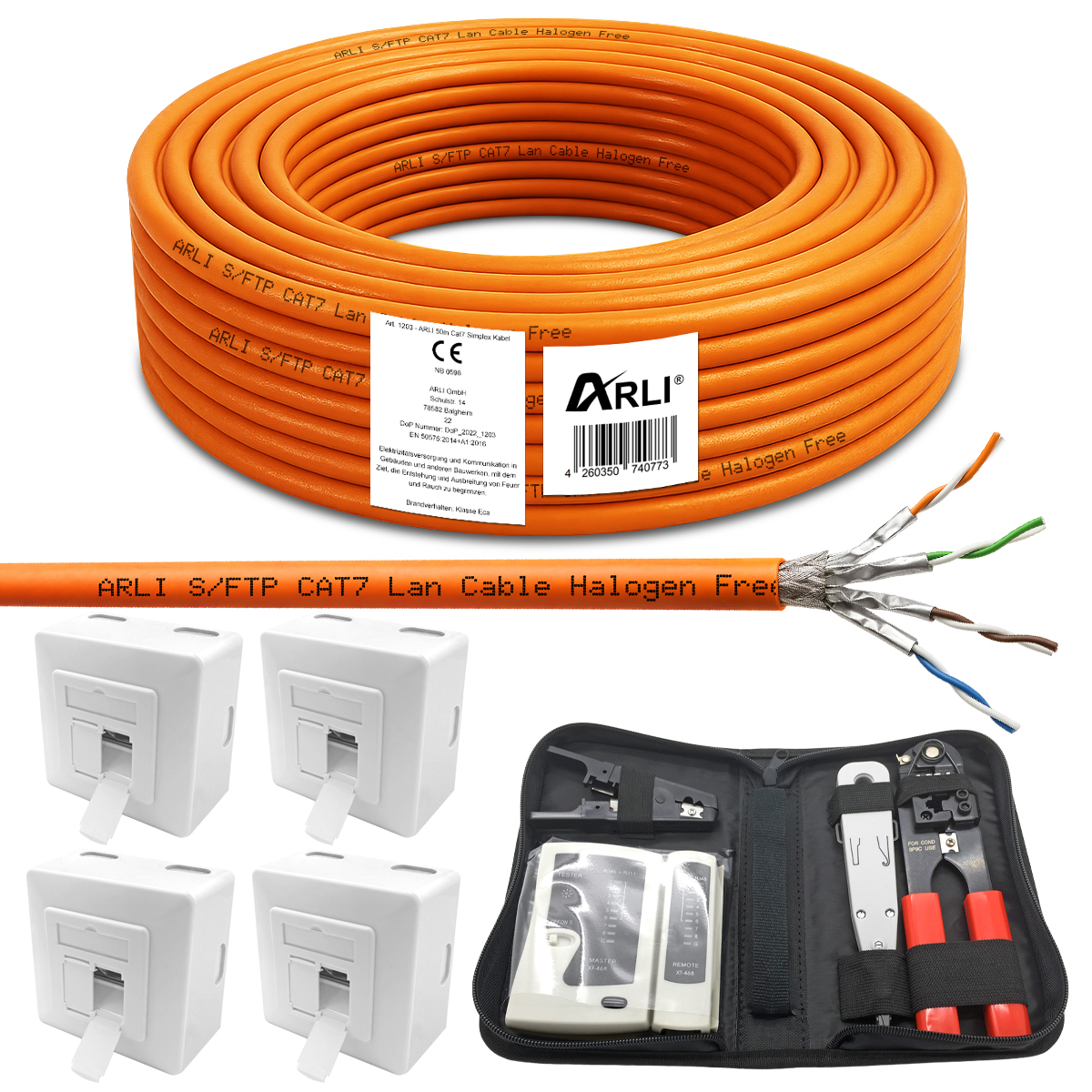 ARLI Cat7 50 m cavo di installazione S/FTP + 4x presa di rete Cat6a + pinza crimpatrice LSA tester di rete coltello set utensili LAN RJ45