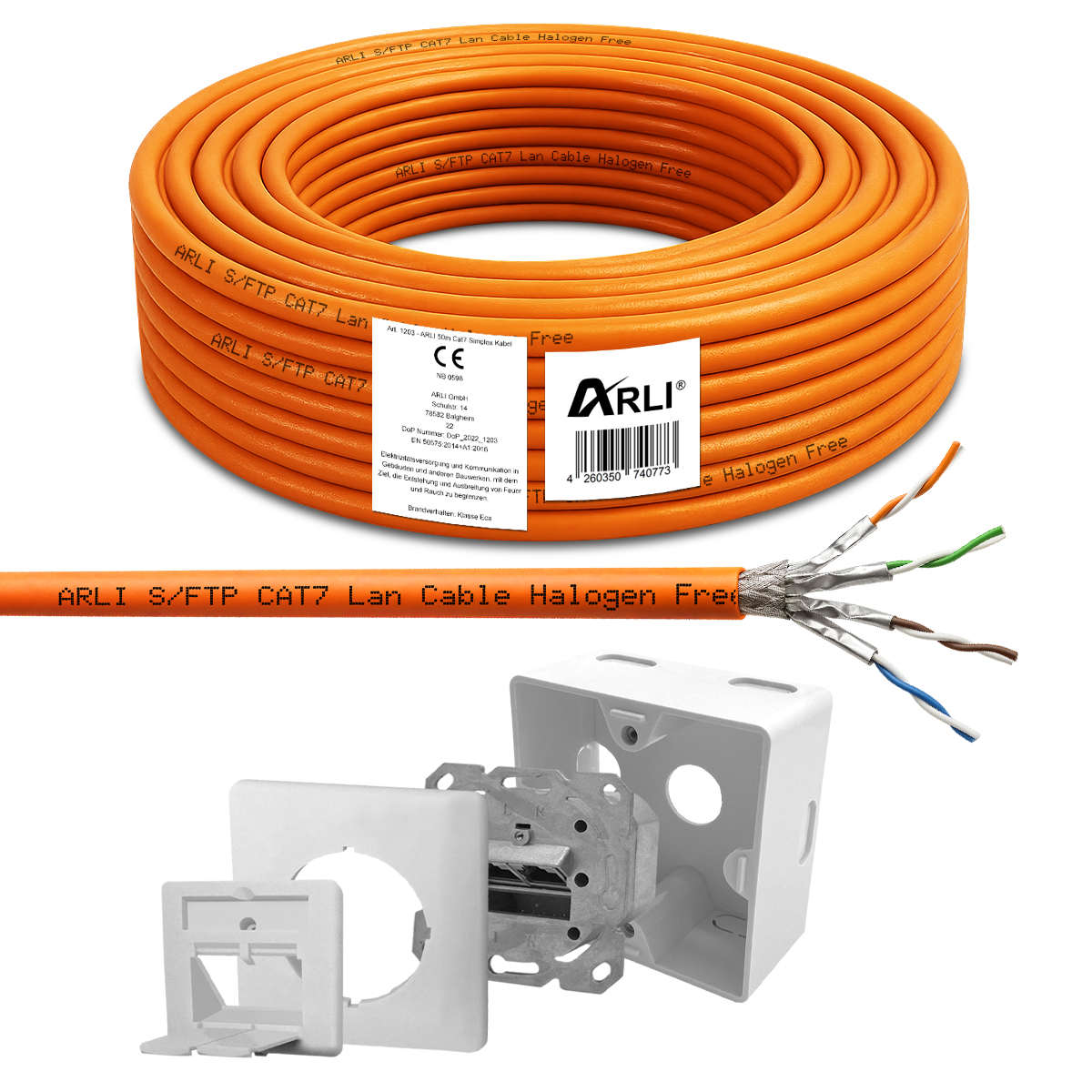 ARLI Cavo di installazione Cat7 50 m S/FTP PIMF senza alogeni cavo di rete + 1x presa di rete Cat6a