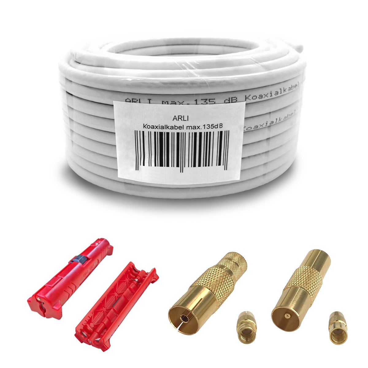 ARLI 10m Cavo coassiale – max. 135 dB 5 volte schermato resistente ai raggi UV + Connettore TV & Coltello per spellare per DVB-S DVB-T2 4K HDTV