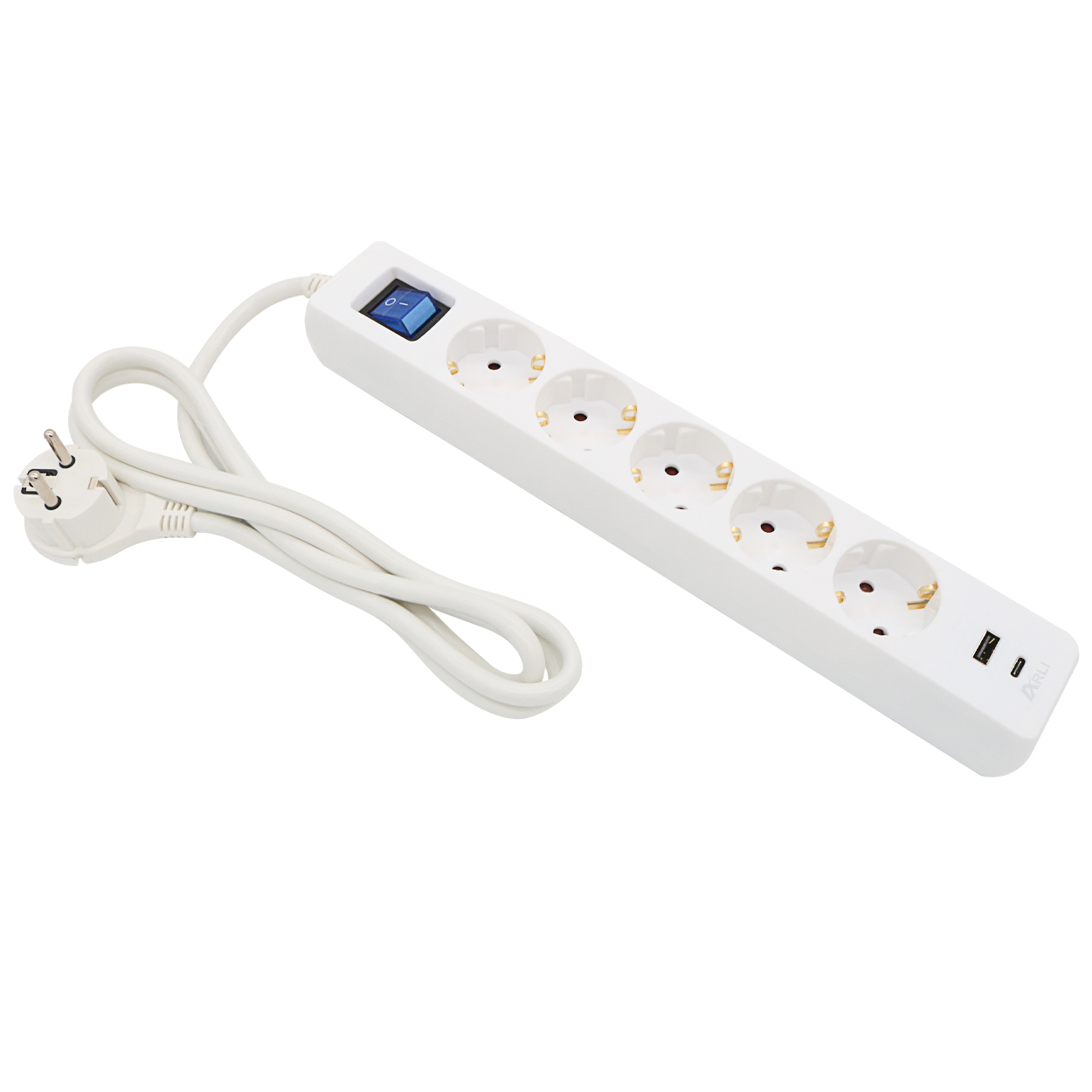 Multipresa bianca 5 vie da 5 m con prese di ricarica USB-A + USB-C, interruttore e spina angolare piatta
