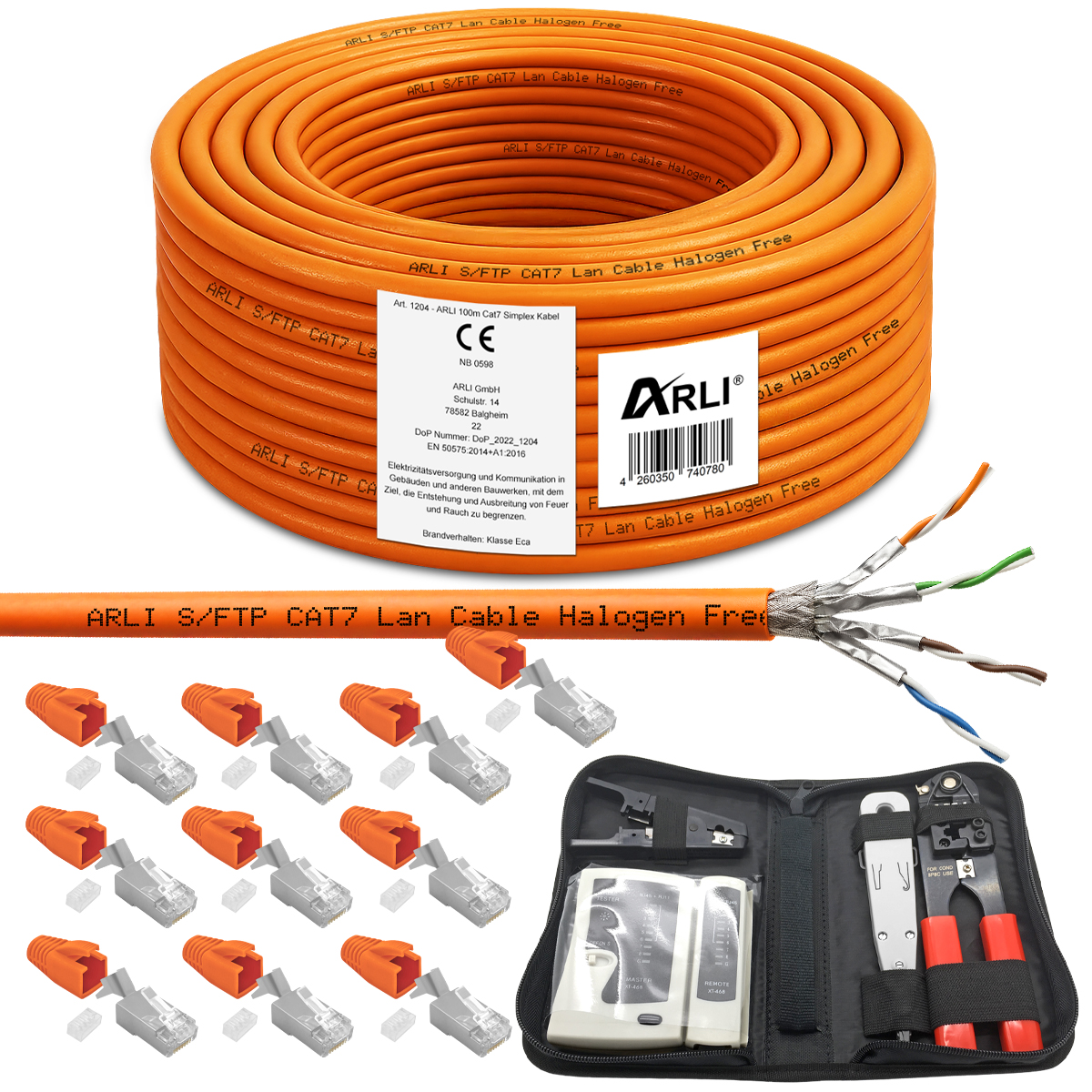ARLI Cavo di posa Cat7 100m S/FTP PIMF + set attrezzi per rete + 10x connettori RJ45 con scarico della trazione