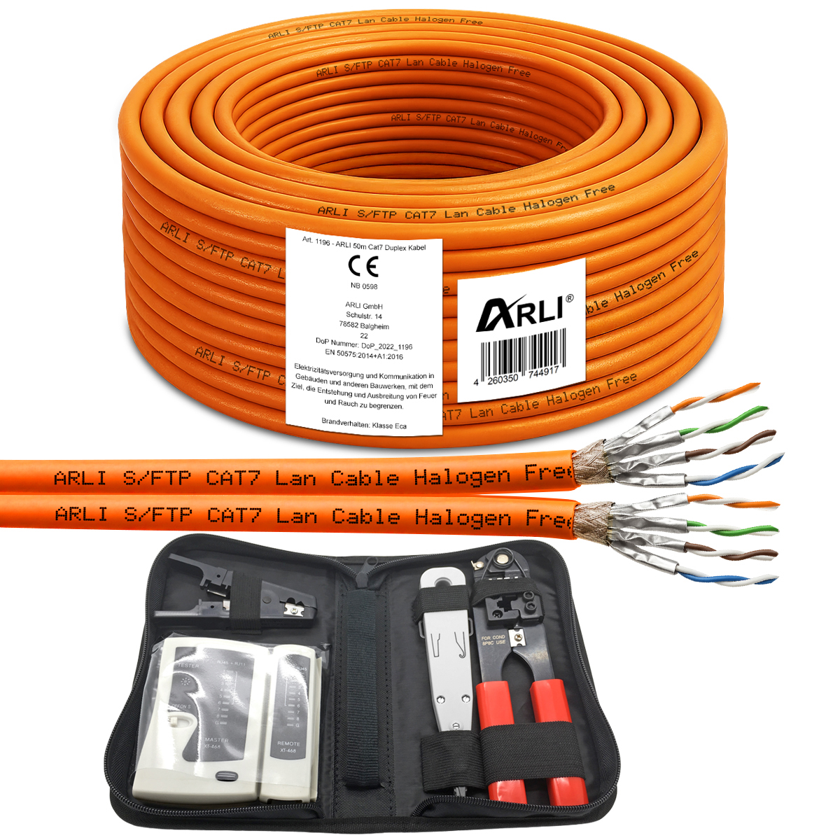 ARLI cavo di posa Cat7 Duplex 50 m S/FTP LSZH PIMF + set utensili crimpatrice LSA tester spelafili cavo di rete