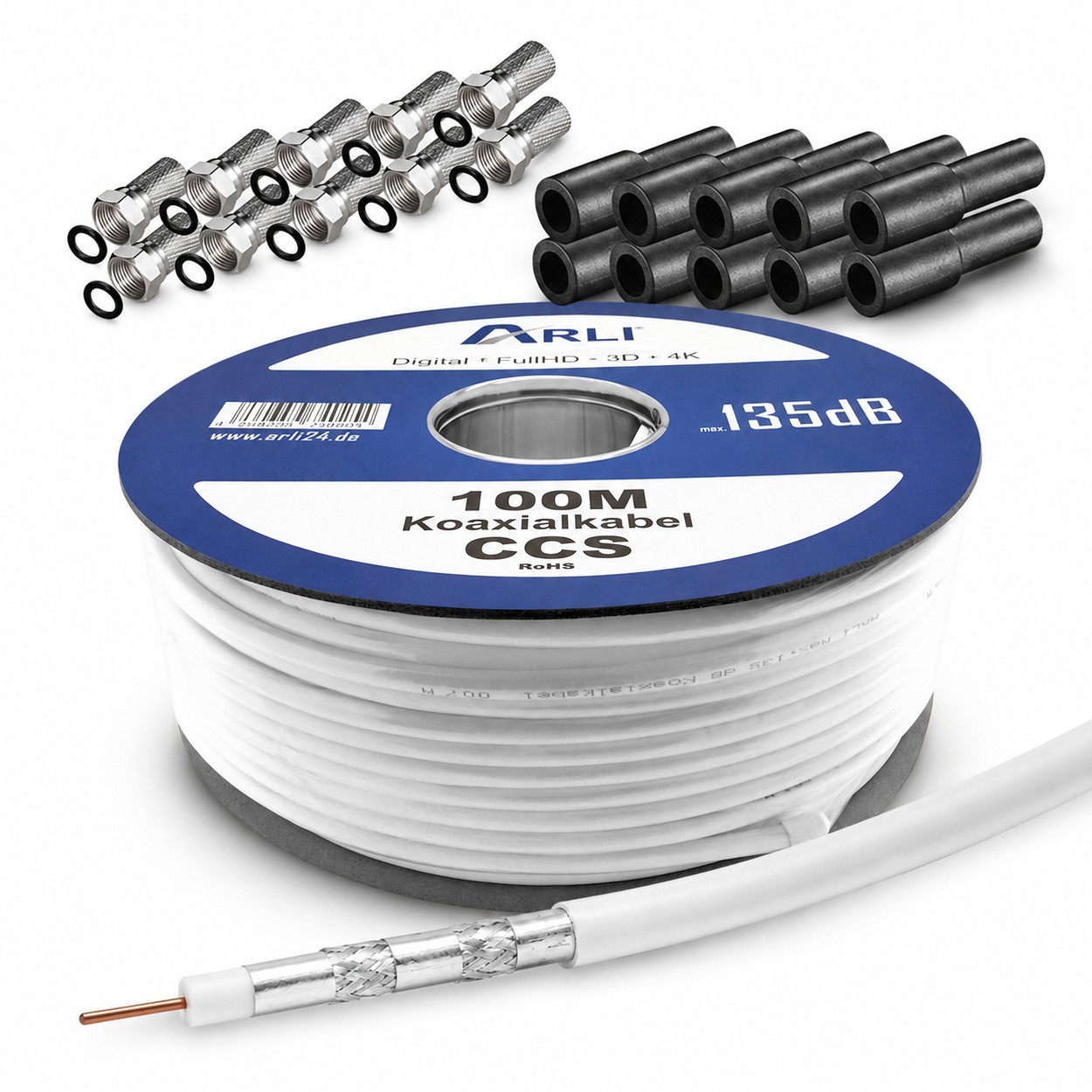100m ARLI Koaxialkabel max. 135dB + 10x F-Stecker + 10x Gummitülle Kabel 135dB satelliten kabel digitaltauglich konfektionierte TV-Kabel DVB-S DVB-C DVB-T 4-fach 5fach schirmung meterware verlegekabel Adapter doppel schüssel 130db 120db 110db Weiß Interne