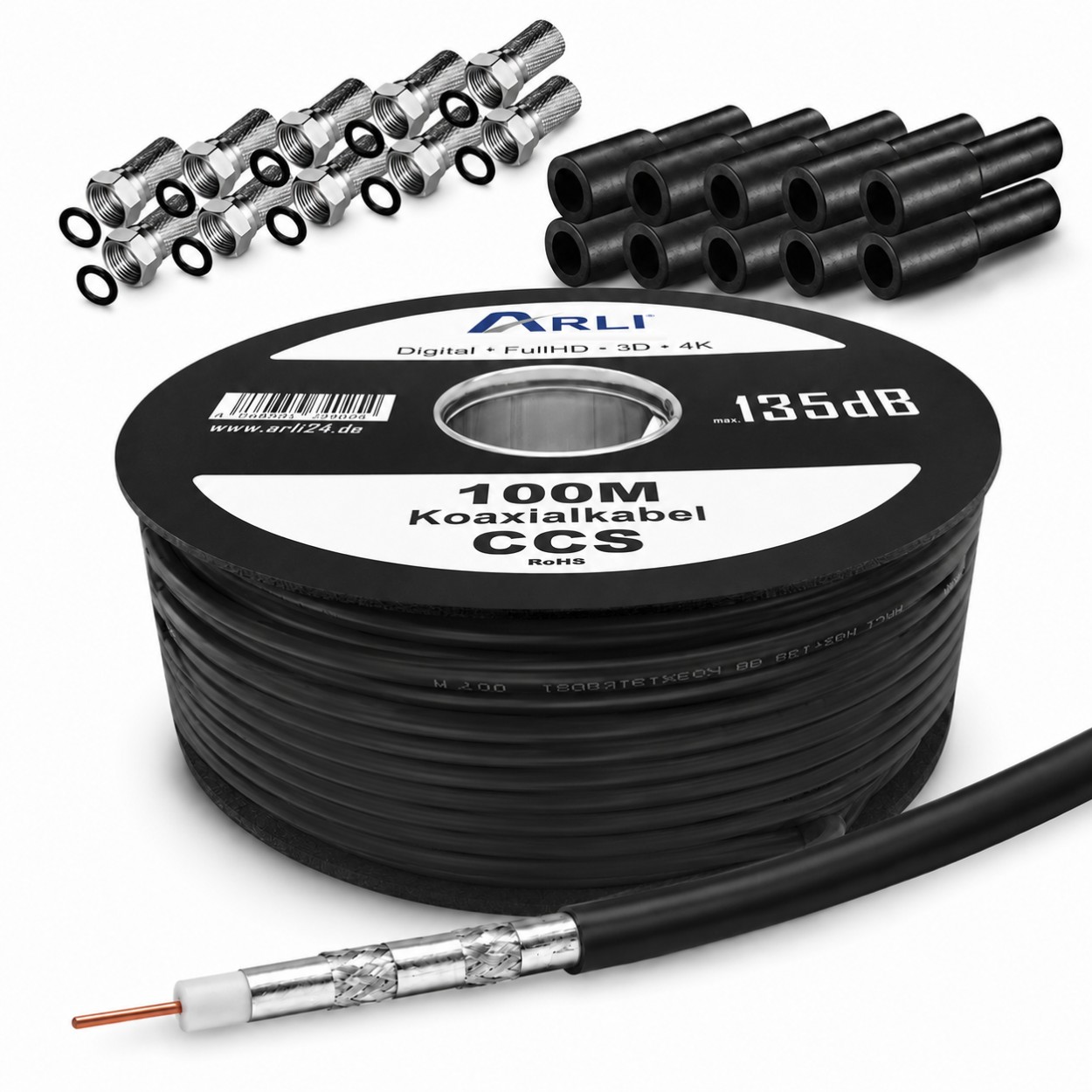 100m Koaxialkabel schwarz 135 dB 10x F Stecker + Gummitülle Kabel 135dB satelliten kabel digitaltauglich konfektionierte TV-Kabel DVB-S DVB-C DVB-T 4-fach 5fach schirmung meterware verlegekabel Adapter doppel schüssel 130db 120db 110db Weiß Internetanschl