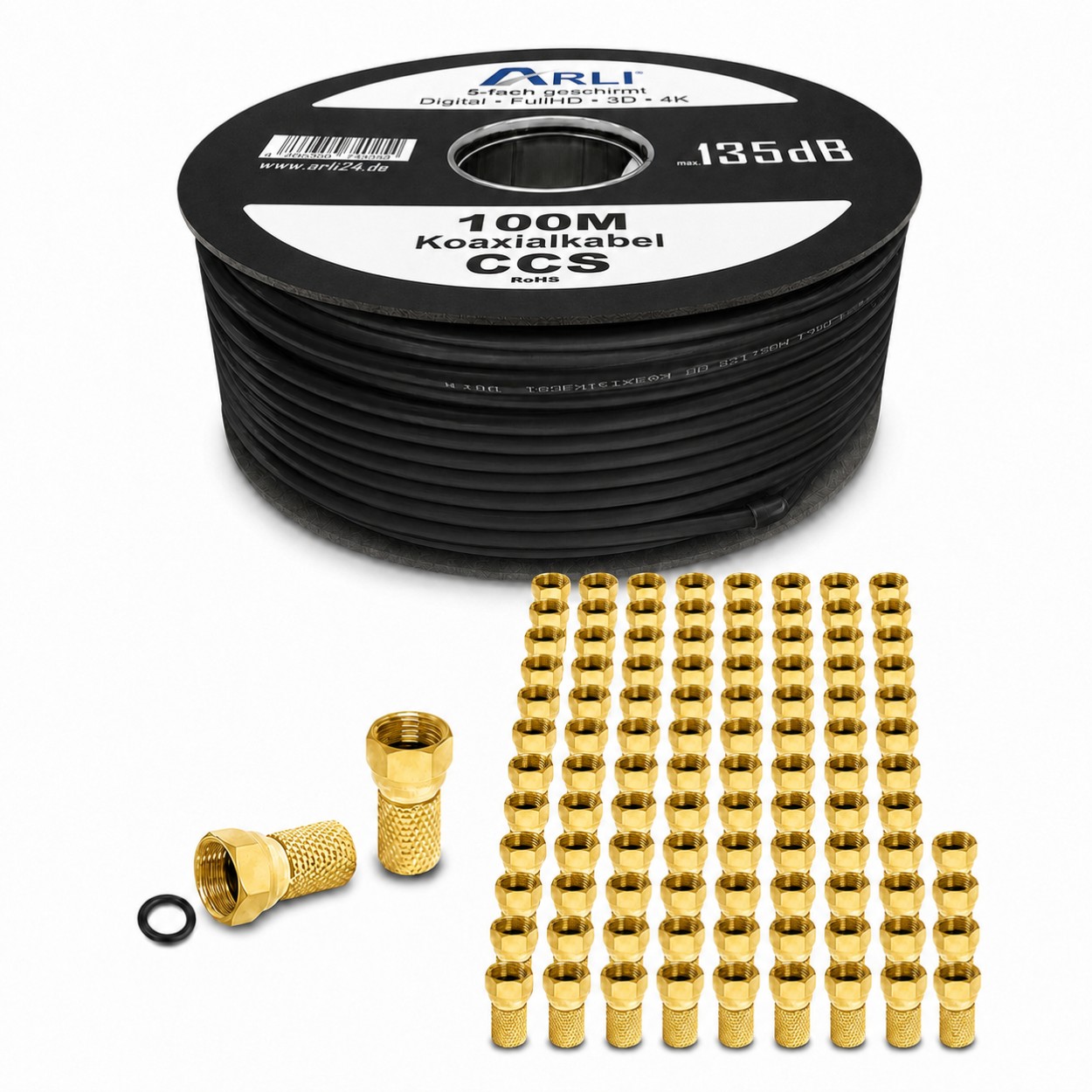 100m ARLI Cavo coassiale Nero – max. 135 dB schermato 5 volte resistente ai raggi UV + 100x Connettori F dorati con dado largo e guarnizione per DVB-S DVB-T2 4K HDTV