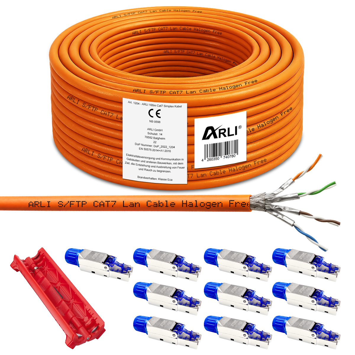 ARLI Cavo da posa Cat7 100 m + 10x connettori RJ45 Cat8.1 senza attrezzi + spelafili S/FTP LSZH cavo Ethernet