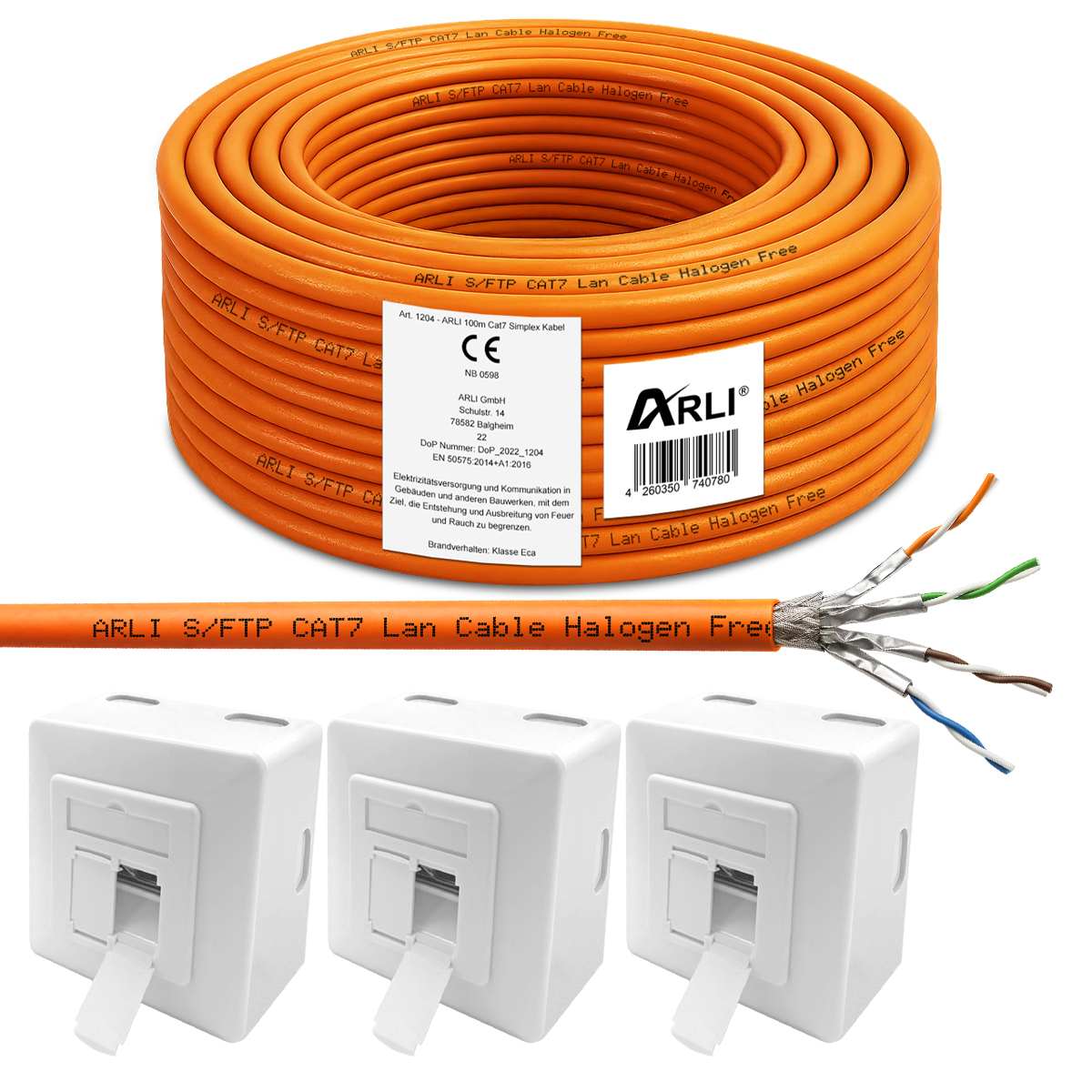 ARLI 100 m cavo da installazione Cat7 S/FTP LSZH PIMF + 3x presa di rete Cat6a cavo di rete privo di alogeni