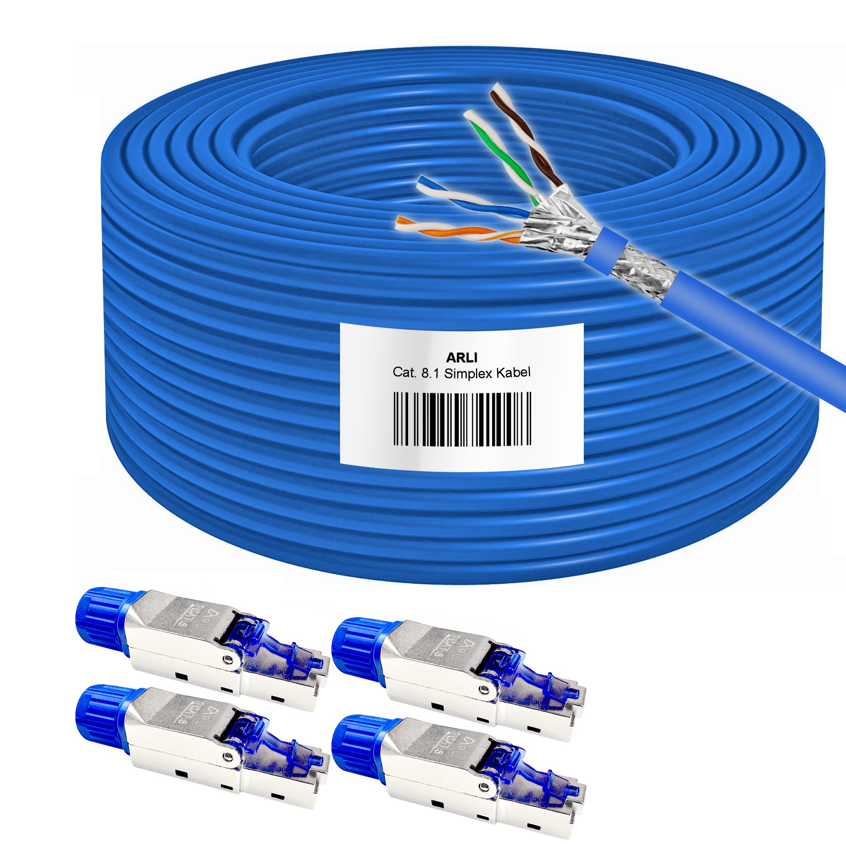 ARLI Cavo di posa Cat8 50m Cat 8.1 cavo di rete + 4x connettori RJ45 – montaggio senza attrezzi
