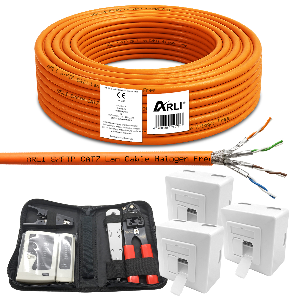 ARLI Cat7 50 m cavo di installazione S/FTP + 3x presa di rete Cat6a + pinza crimpatrice LSA tester di rete coltello spelacavi set utensili