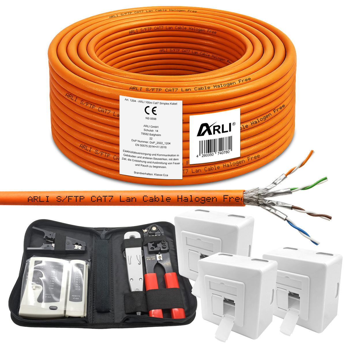 ARLI Cat7 100 m cavo da installazione + 3 prese di rete + set di strumenti incl. pinza crimpatrice LSA tester coltello