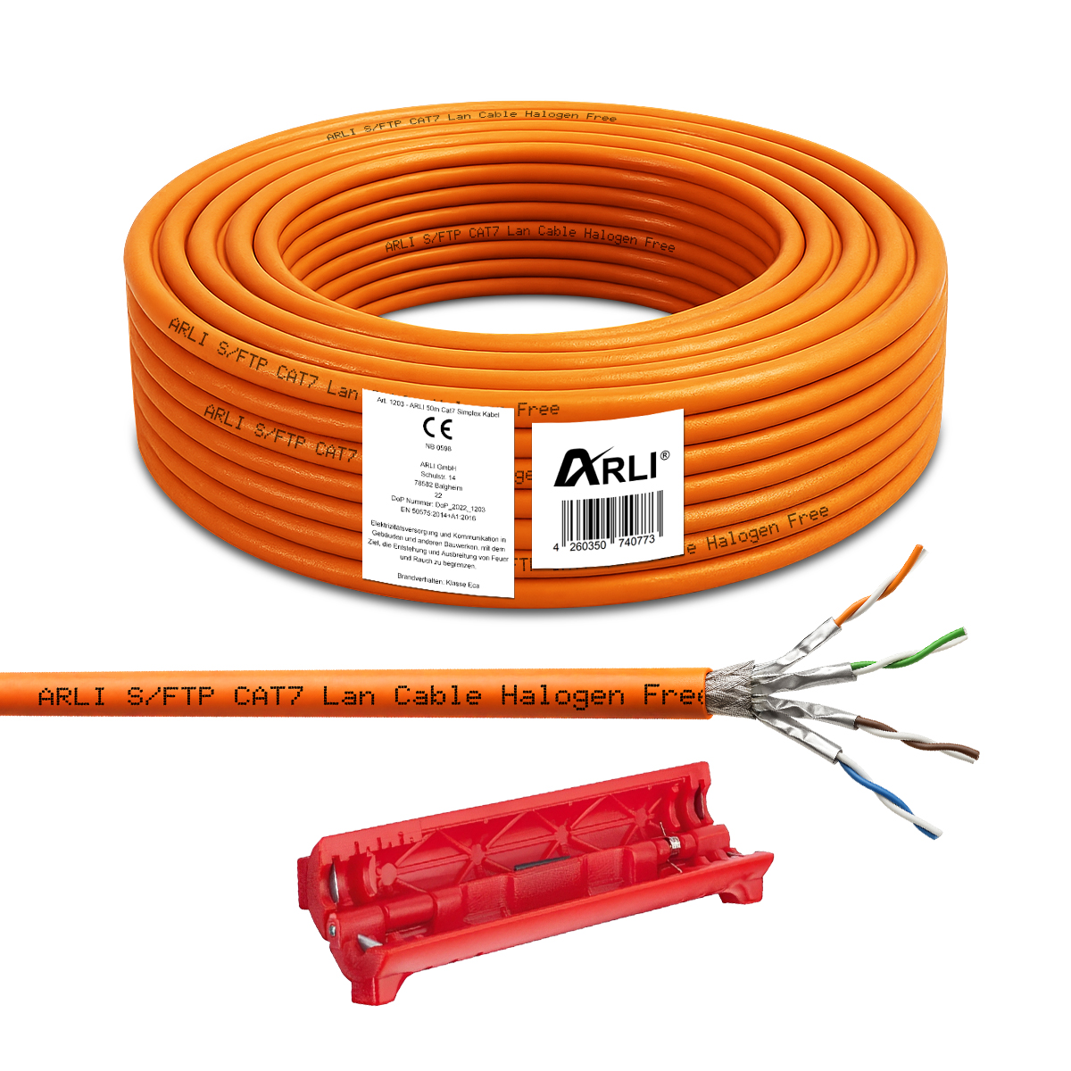 ARLI Cavo di installazione Cat7 50 m S/FTP PIMF senza alogeni + coltello universale – cavo di rete per installazioni LAN fisse