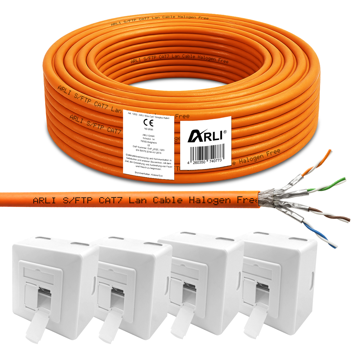 ARLI Cavo di installazione Cat7 50m S/FTP PIMF senza alogeni cavo di rete + 4x presa di rete Cat6a
