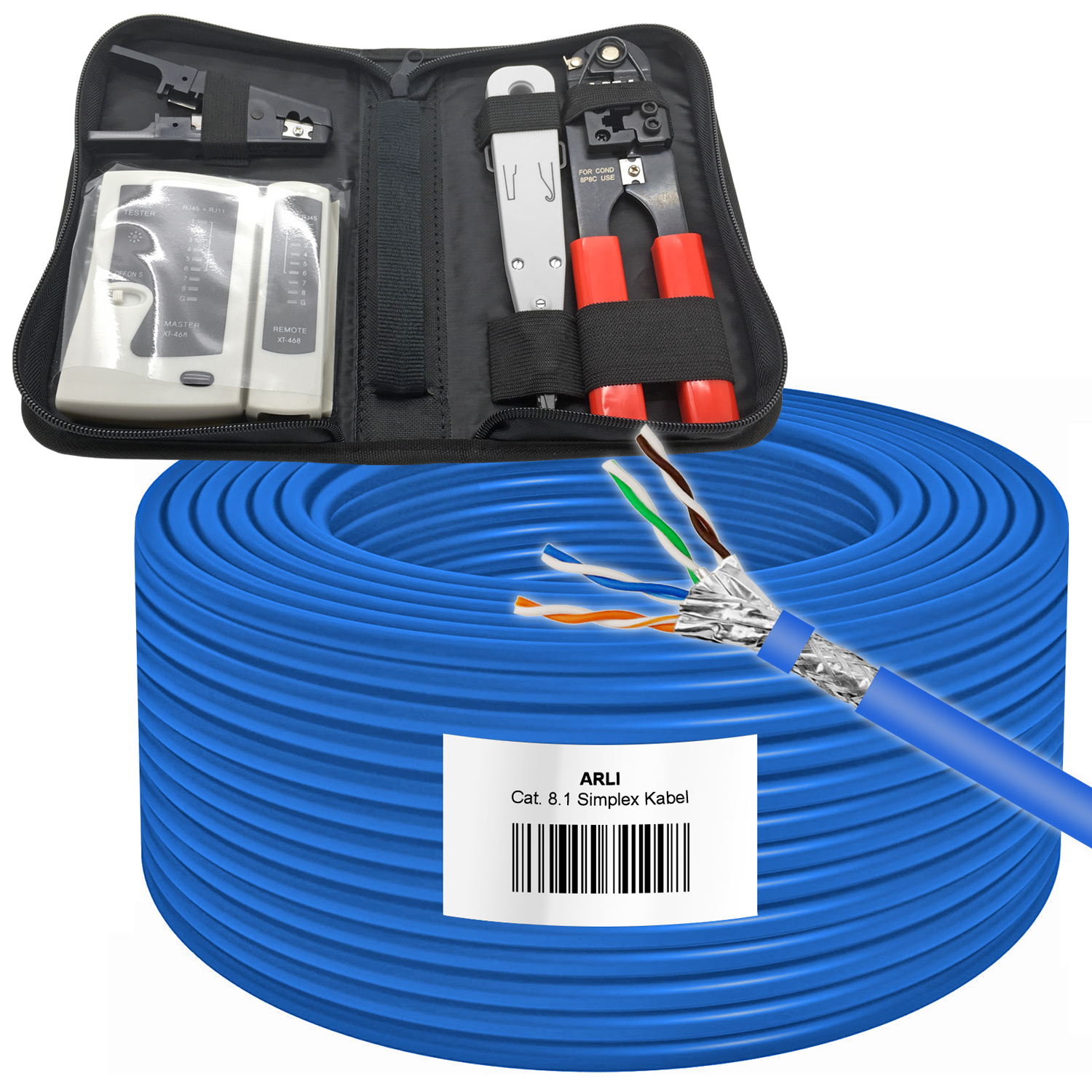 ARLI Cavo di posa Cat8.1 50m + set utensili 4 in 1 – pinza crimpatrice, utensile LSA, tester di rete e spelacavi