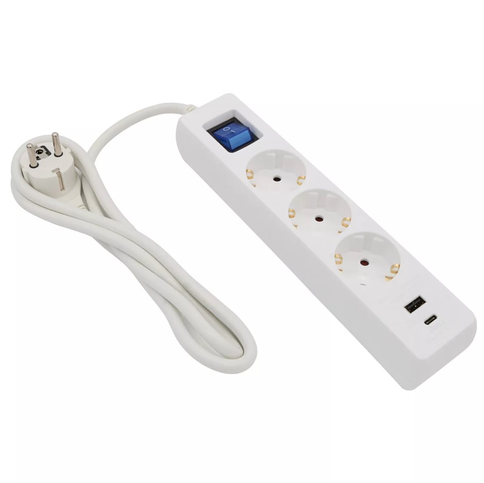 Multipresa ARLI 3 m bianca 3 prese con USB-A + USB-C, interruttore e spina angolare piatta