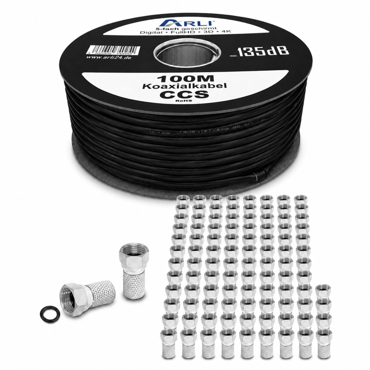 100m ARLI Cavo coassiale Nero – max. 135 dB schermato 5 volte resistente ai raggi UV + 100x Connettori F con dado largo e guarnizione per DVB-S DVB-T2 4K HDTV