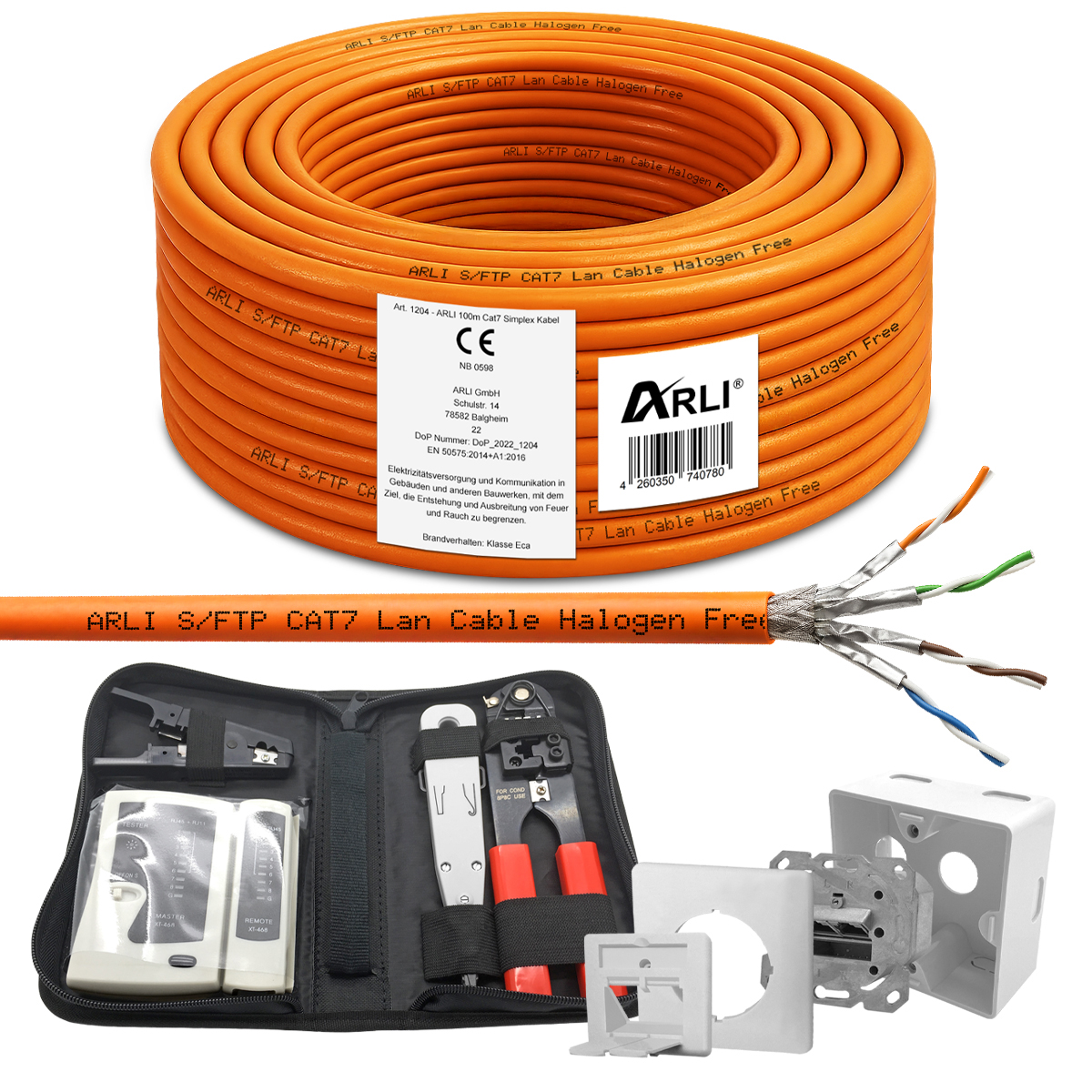ARLI 100 m cavo da installazione Cat7 + presa di rete + set di strumenti con pinza crimpatrice LSA tester di rete coltello set cavo di rete