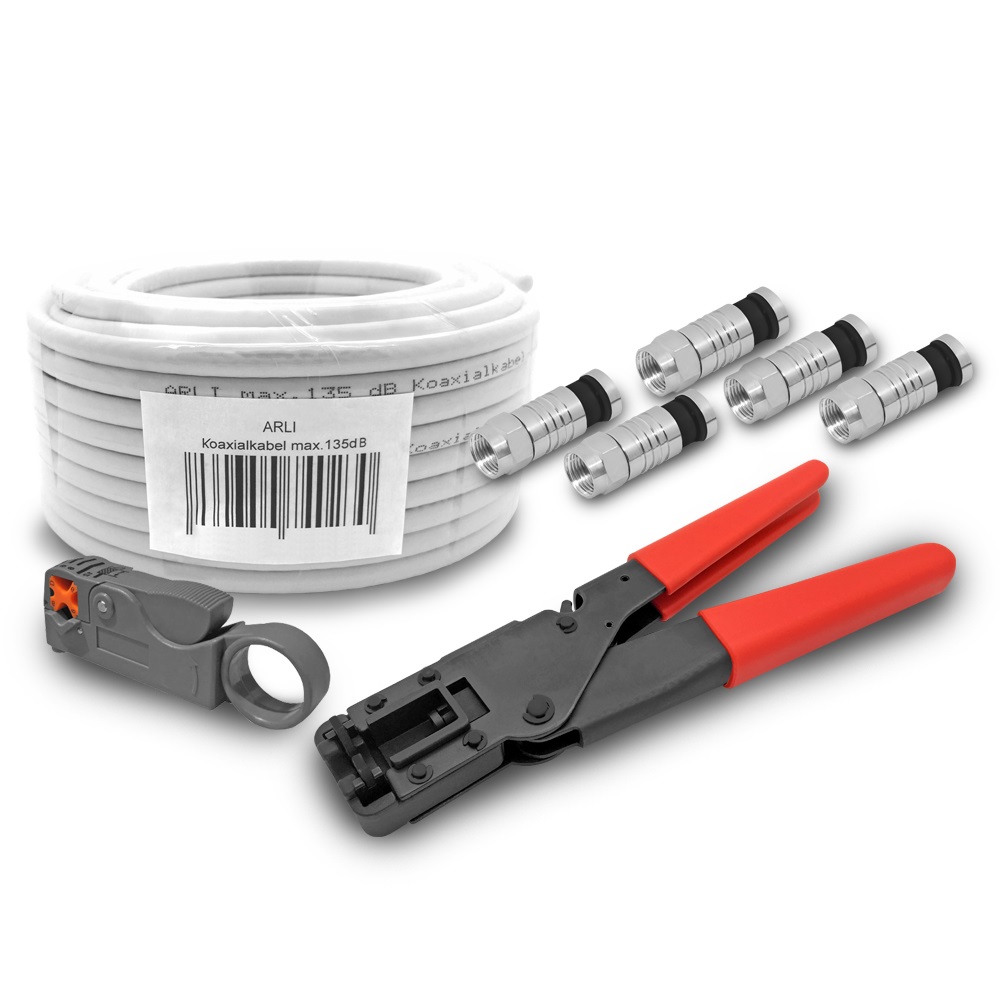 50m Koaxialkabel max. 135dB + Kompressionszange + Abisolierer + 50x Stecker Kabel 135dB satelliten kabel digitaltauglich konfektionierte TV-Kabel DVB-S DVB-C DVB-T 4-fach 5fach schirmung meterware verlegekabel Adapter doppel schüssel 130db 120db 110db Wei