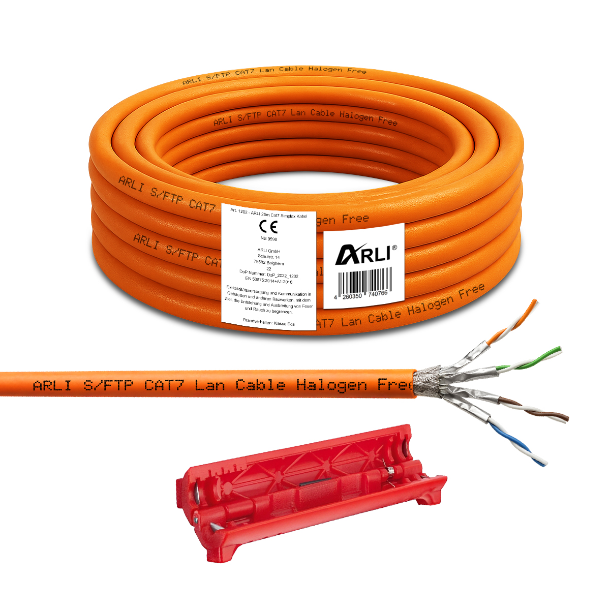 ARLI Cavo di installazione Cat7 25 m S/FTP LSZH cavo di rete + spelacavi universale PIMF senza alogeni cavo Ethernet