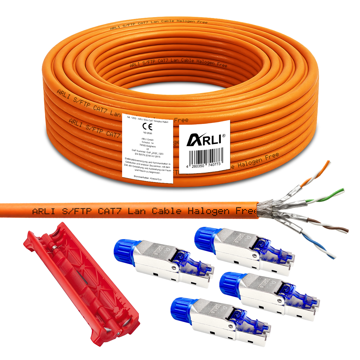 ARLI cavo da installazione Cat7 50 m S/FTP LSZH + 4 connettori RJ45 Cat8.1 senza attrezzi + coltello spelacavi Ethernet LAN