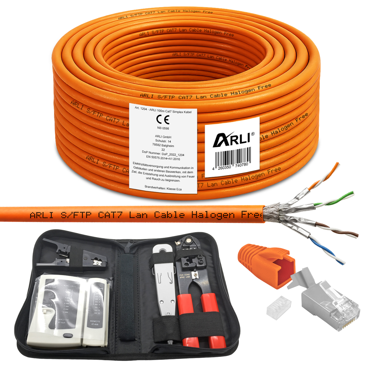 ARLI 100m Cavo di Rete Cat7 S/FTP PIMF + Set di Attrezzi + 20x Connettori RJ45 con Sollievo Trazione