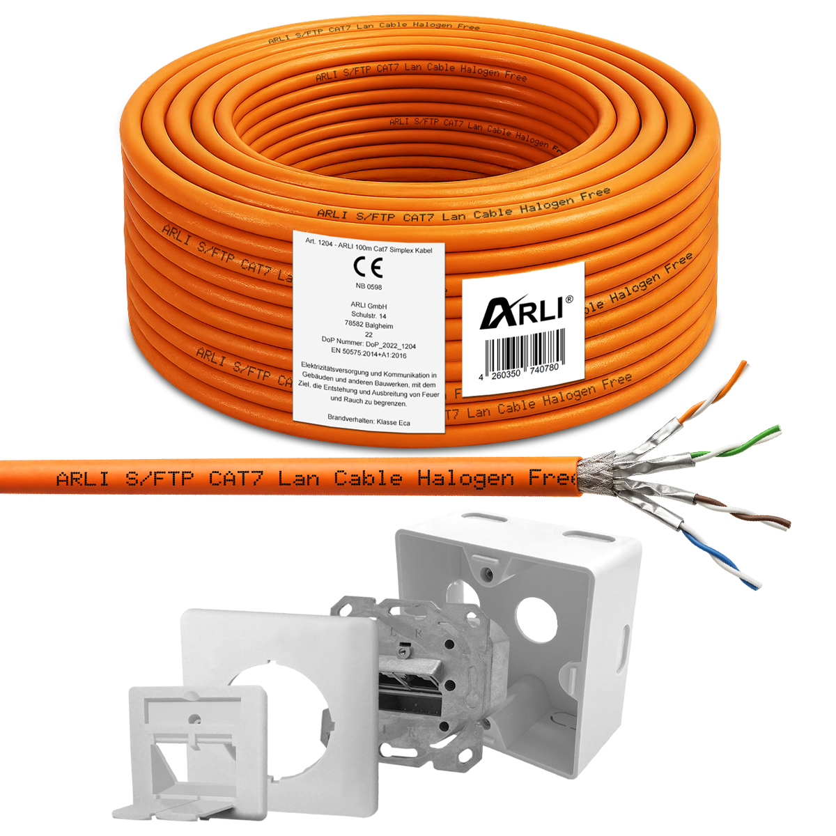 Cavo da installazione ARLI 100 m Cat7 S/FTP LSZH PIMF + presa di rete Cat6a – cavo di rete privo di alogeni per installazione sotto intonaco e a vista