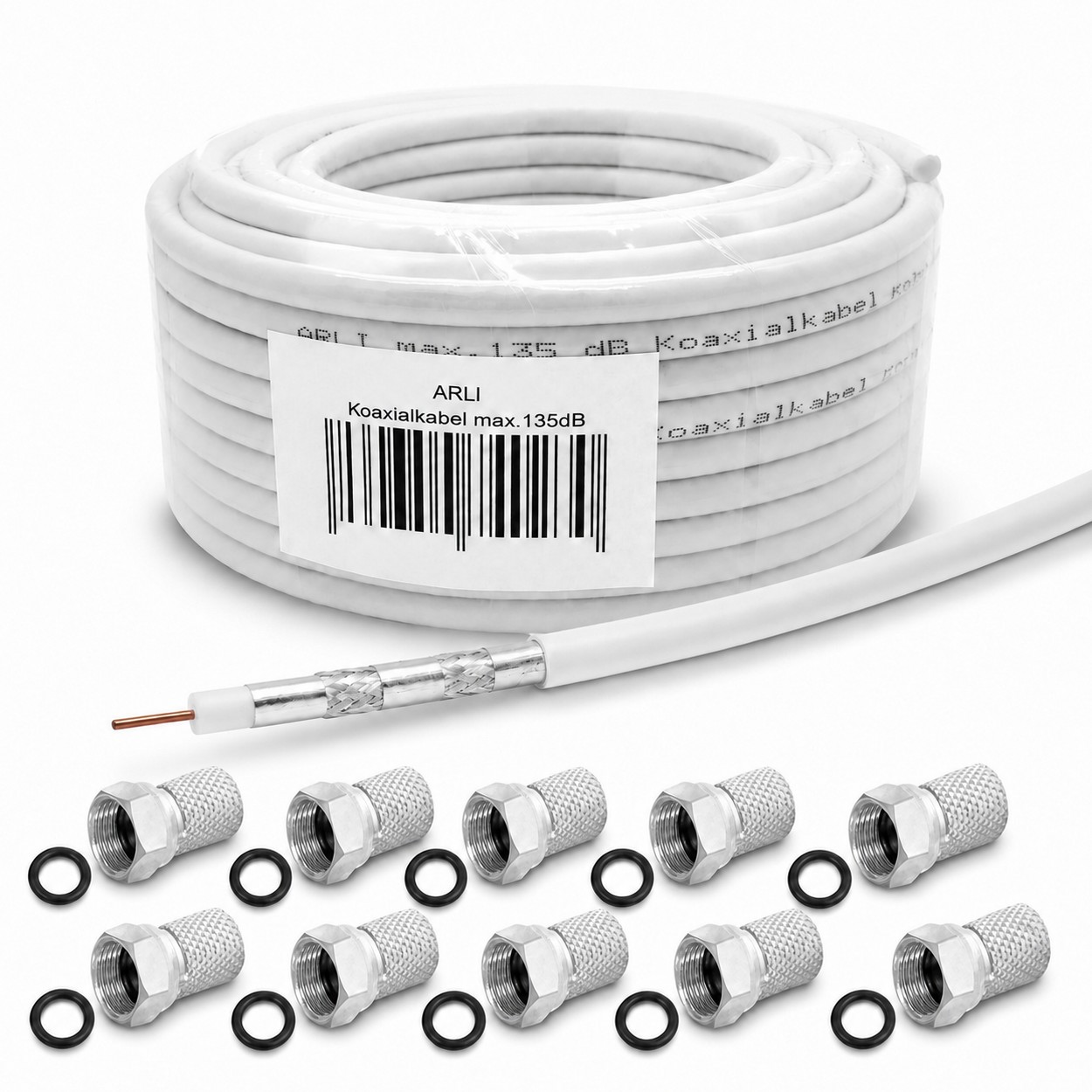 50m ARLI Koaxialkabel max. 135dB + 10x F-Stecker Kabel 135dB satelliten kabel digitaltauglich konfektionierte TV-Kabel DVB-S DVB-C DVB-T 4-fach 5fach schirmung meterware verlegekabel Adapter doppel schüssel 130db 120db 110db Weiß Internetanschluss KabelBW