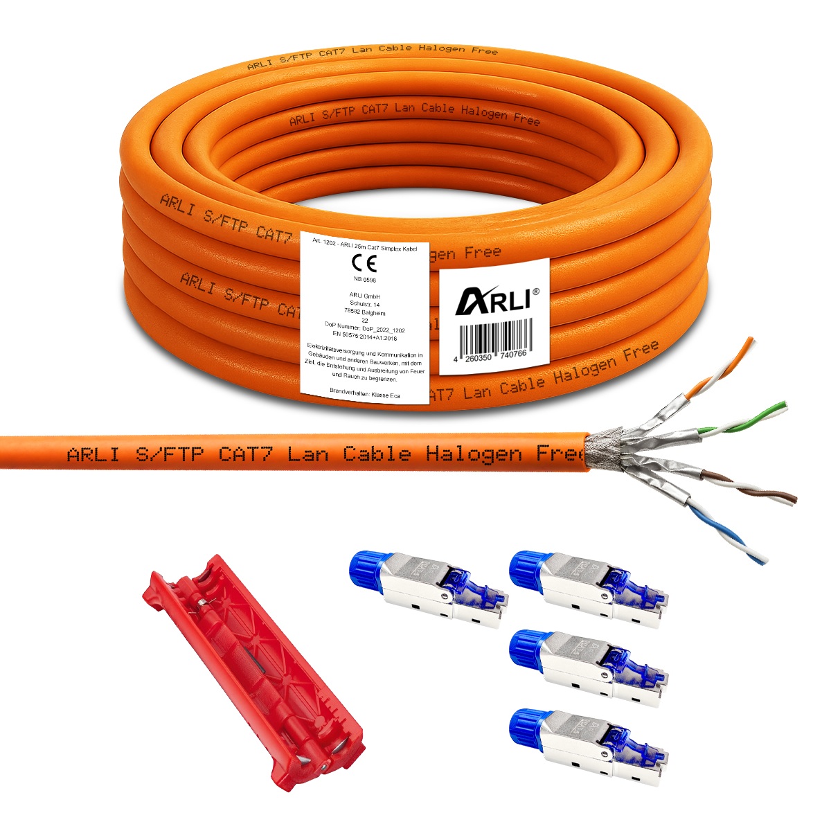 ARLI Cavo di Installazione Cat7 25 m S/FTP LSZH + 4x Connettori RJ45 Cat8.1 tool-less + Coltello spelacavi Ethernet cavo di rete privo di alogeni