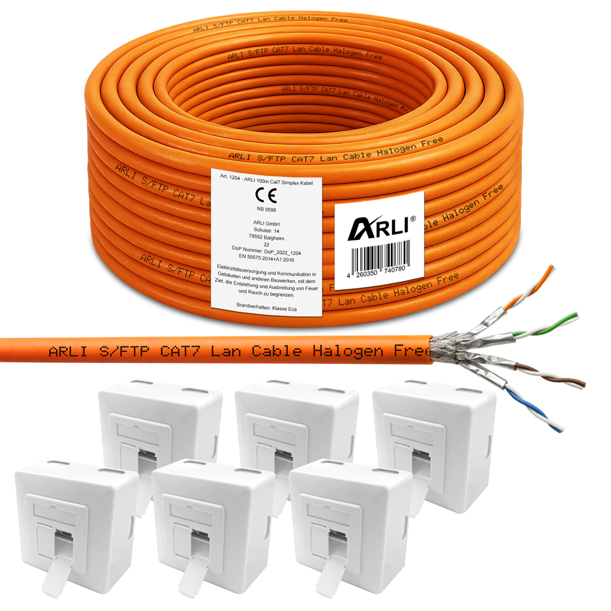 ARLI 100 m cavo da installazione Cat7 S/FTP LSZH PIMF + 6x presa di rete Cat6a set cavo di rete privo di alogeni