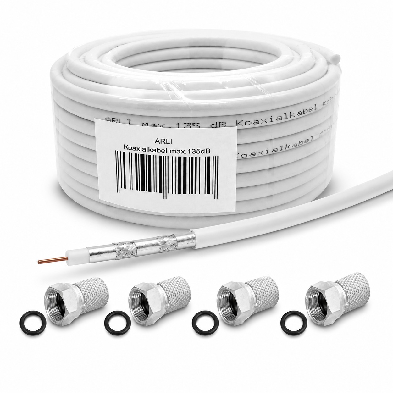 20m ARLI Koaxialkabel max 135dB + 4x F-Stecker Kabel 135dB satelliten kabel digitaltauglich konfektionierte TV-Kabel DVB-S DVB-C DVB-T 4-fach 5fach schirmung meterware verlegekabel Adapter doppel schüssel 130db 120db 110db Weiß Internetanschluss KabelBW B