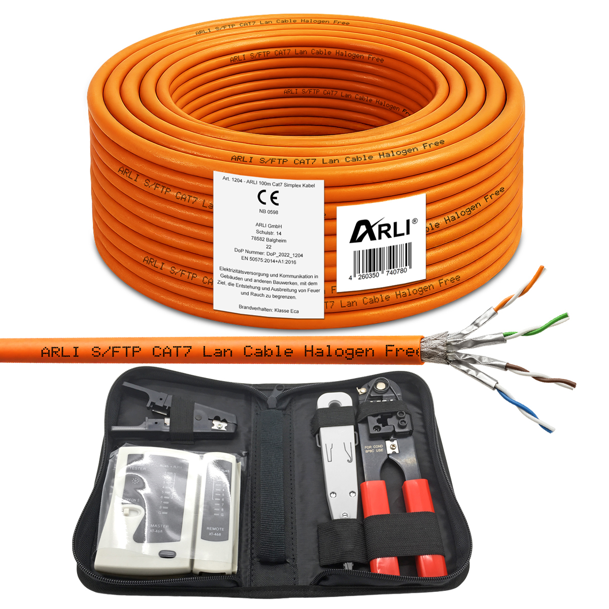 ARLI cavo di posa Cat7 100 m S/FTP LSZH + set utensili di rete con pinza a crimpare LSA tester coltello spelacavi cavo di rete