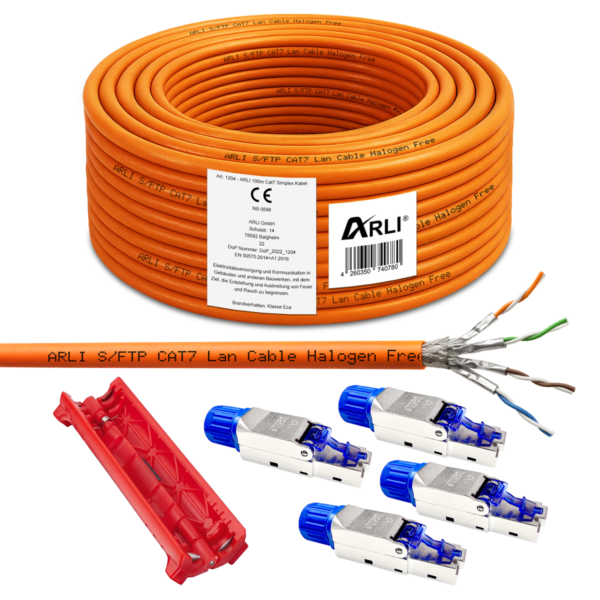 ARLI Cavo da posa Cat7 100 m + 4x connettori RJ45 Cat8.1 senza attrezzi + spelafili S/FTP LSZH cavo Ethernet arancione
