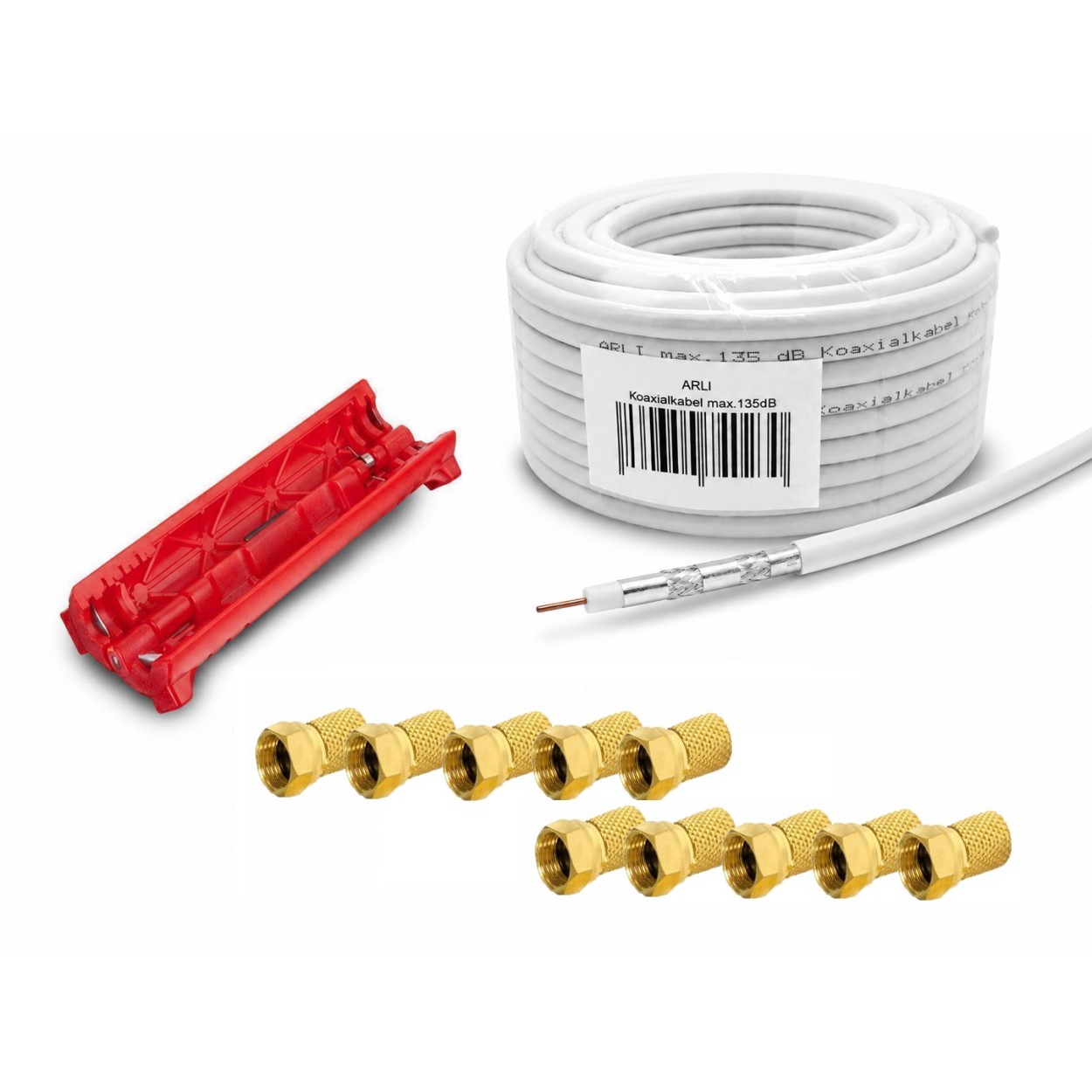 50m ARLI Cavo coassiale max. 135dB + Spellafili + 10x Connettori F dorati
